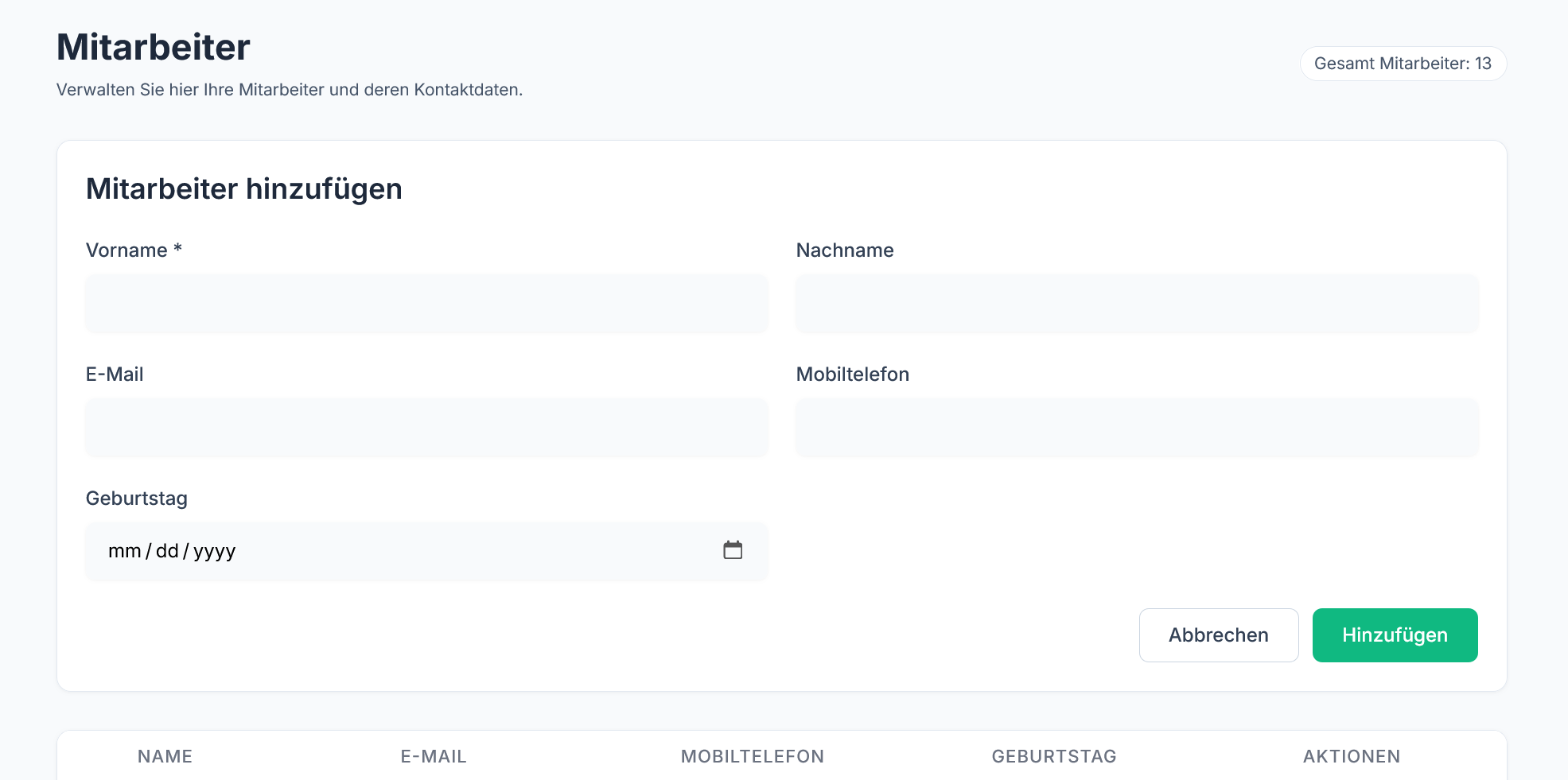 Mitarbeiterverwaltung Screenshot